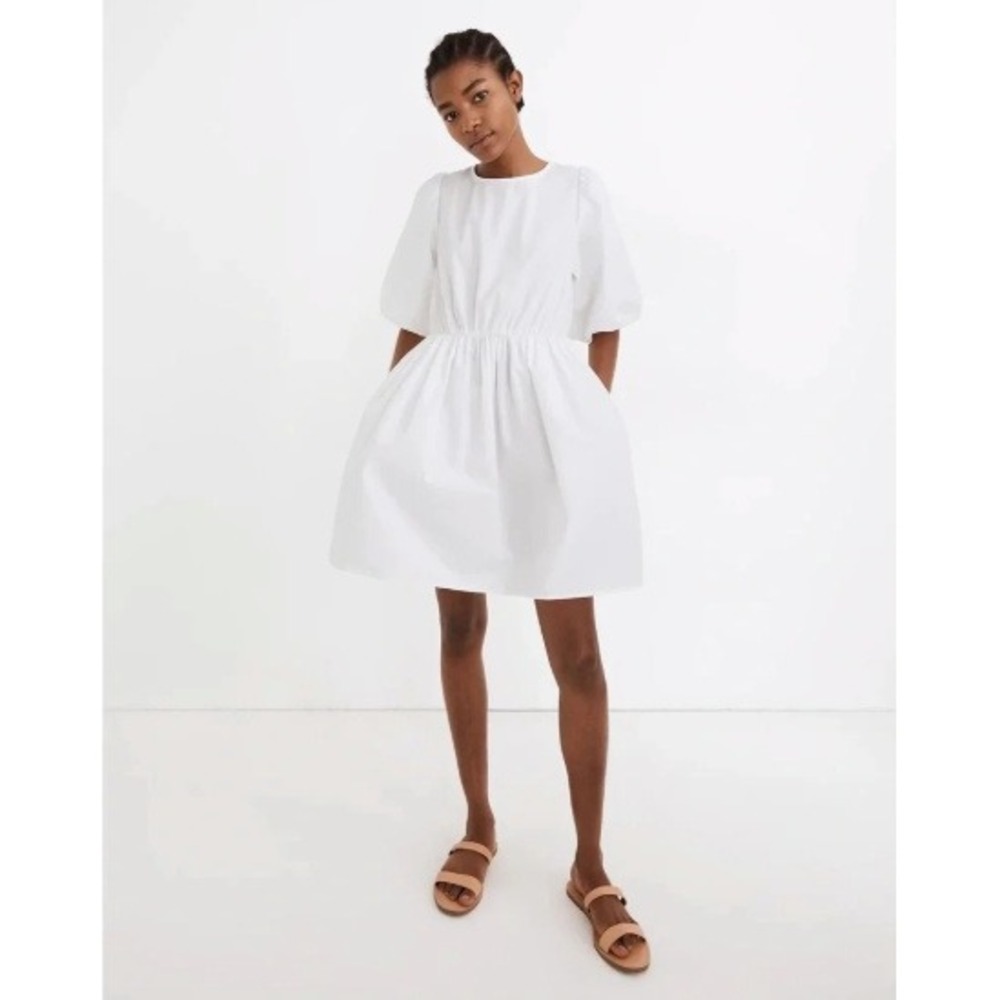 Madewell White Cotton Poplin Puff Sleeve Mini Babydoll Dress Pockets | Size 8